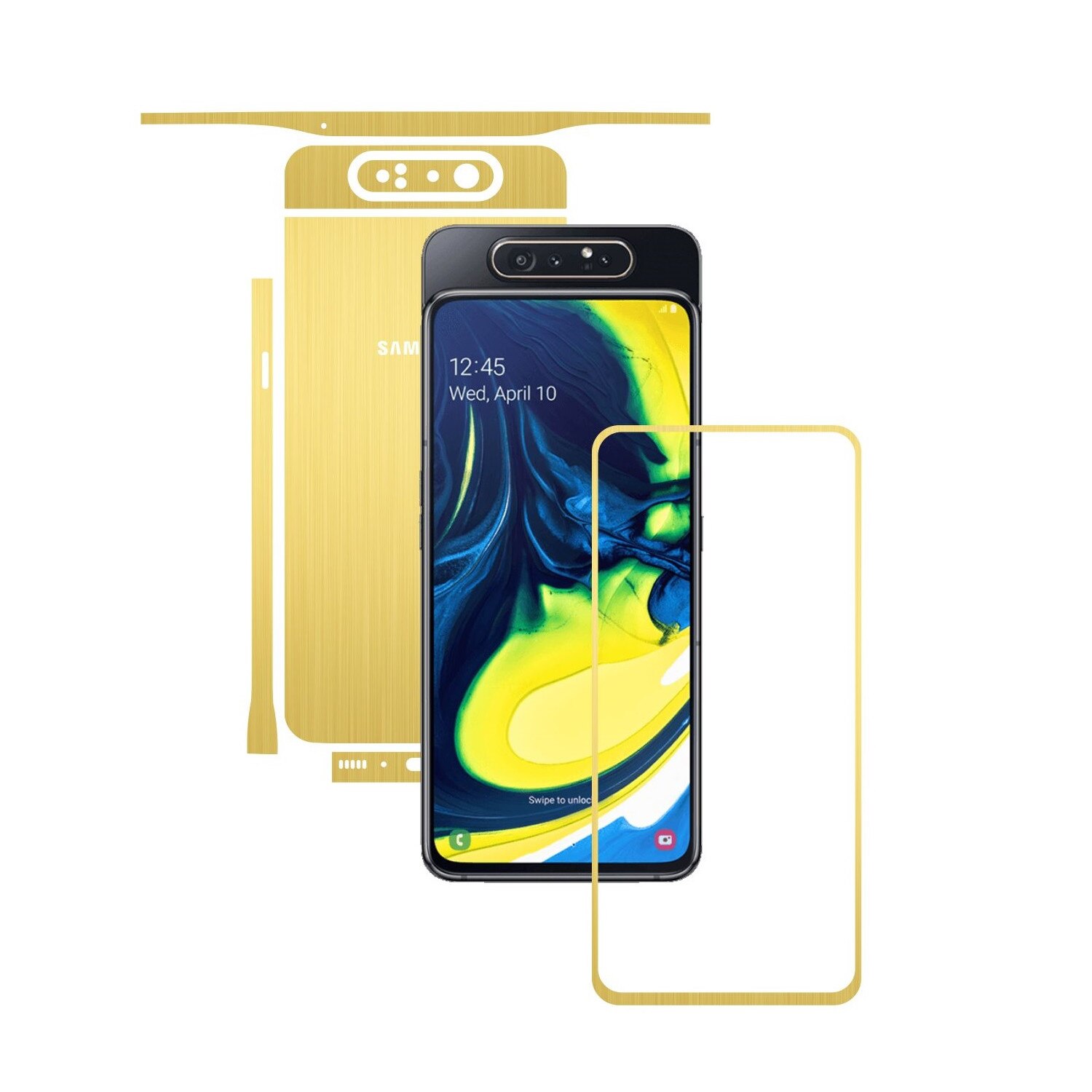 Folie Protectie Carbon Skinz pentru Samsung Galaxy A80 - Brushed Auriu Split Cut, Skin Adeziv Full Body Cover pentru Rama Ecran, Carcasa Spate si Laterale