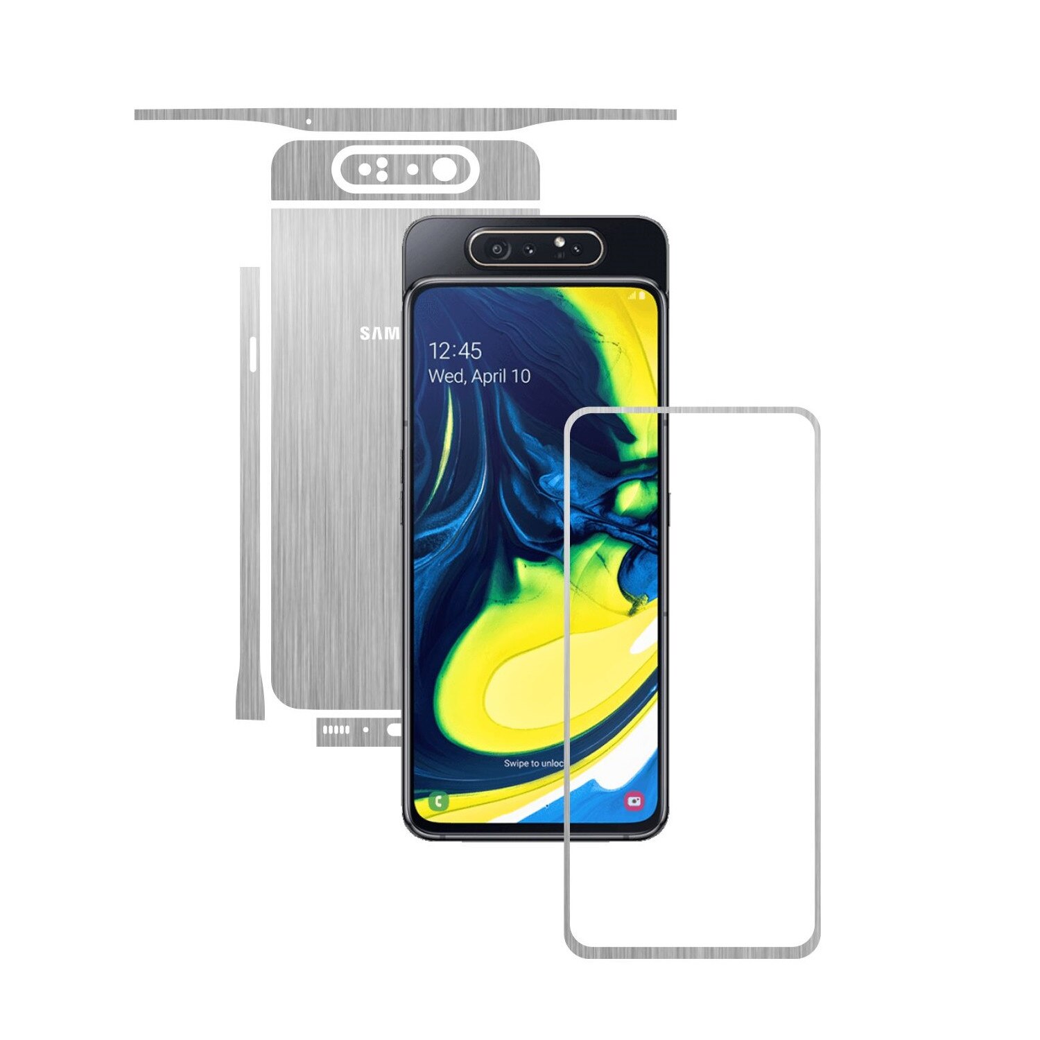 Folie Protectie Carbon Skinz pentru Samsung Galaxy A80 - Brushed Argintiu Split Cut, Skin Adeziv Full Body Cover pentru Rama Ecran, Carcasa Spate si Laterale