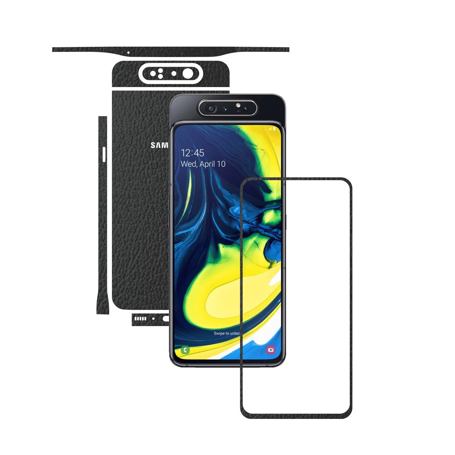 Folie Protectie Carbon Skinz pentru Samsung Galaxy A80 - Piele Neagra Split Cut, Skin Adeziv Full Body Cover pentru Rama Ecran, Carcasa Spate si Laterale