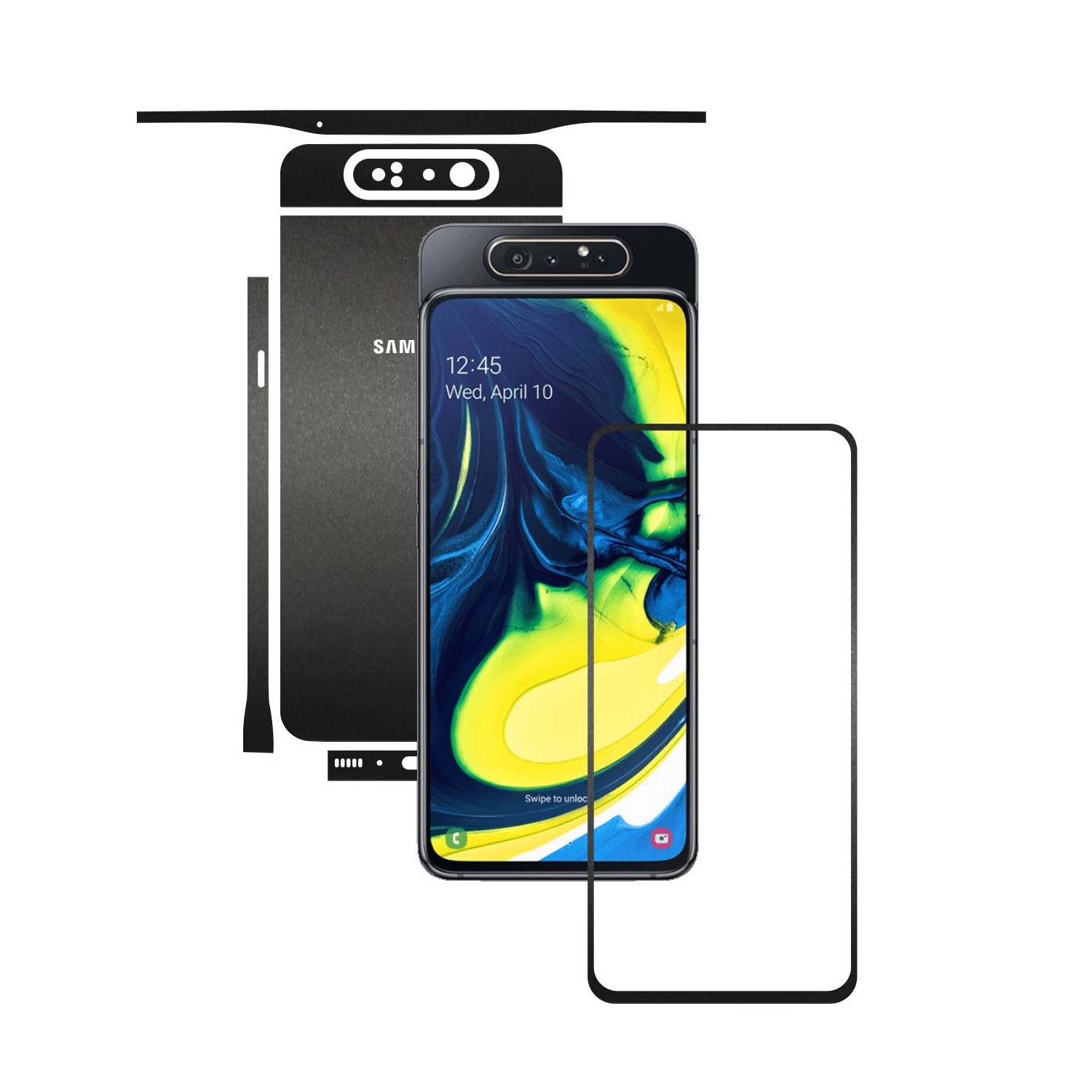 Folie Protectie Carbon Skinz pentru Samsung Galaxy A80 - Negru Mat Split Cut, Skin Adeziv Full Body Cover pentru Rama Ecran, Carcasa Spate si Laterale