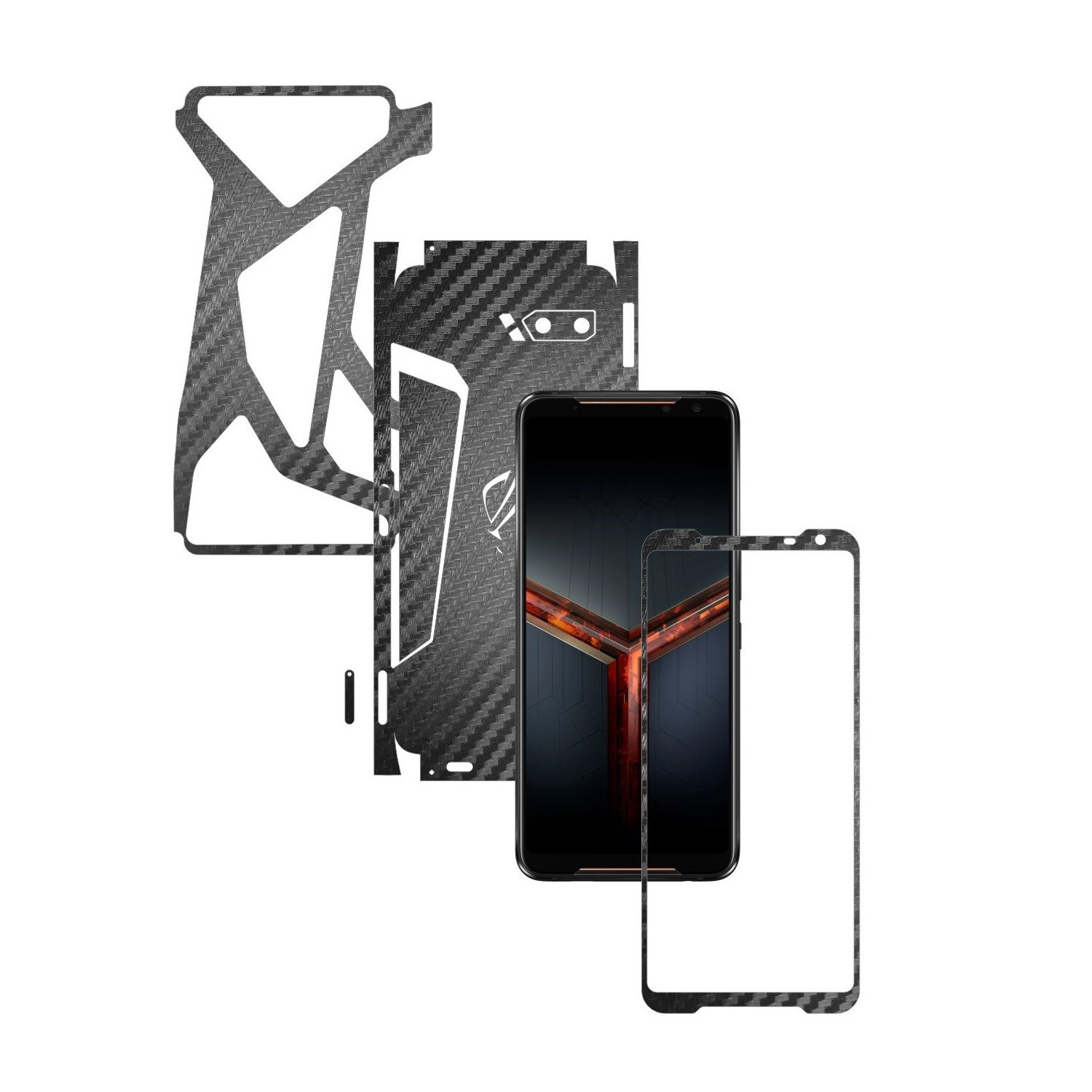 Folie Protectie Carbon Skinz pentru Asus ROG Phone 2 II - Carbon Negru 360 Cut, Skin Adeziv Full Body Cover pentru Rama Ecran, Carcasa Spate si Laterale