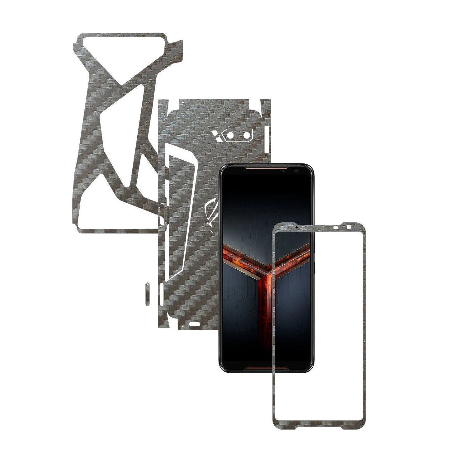 Folie Protectie Carbon Skinz pentru Asus ROG Phone 2 II - Carbon Gri Argintiu 360 Cut, Skin Adeziv Full Body Cover pentru Rama Ecran, Carcasa Spate si Laterale