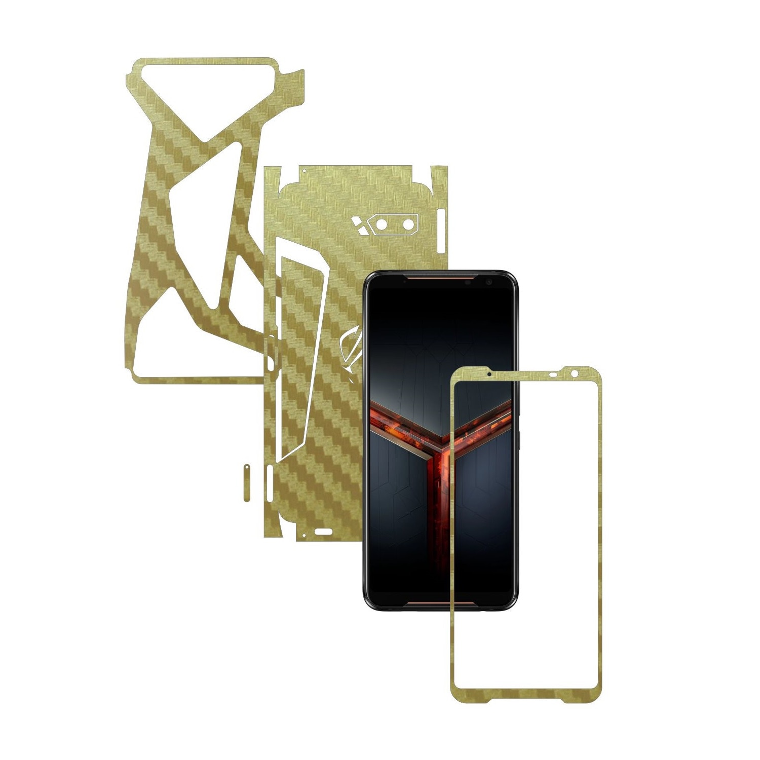 Folie Protectie Carbon Skinz pentru Asus ROG Phone 2 II - Carbon Auriu 360 Cut, Skin Adeziv Full Body Cover pentru Rama Ecran, Carcasa Spate si Laterale