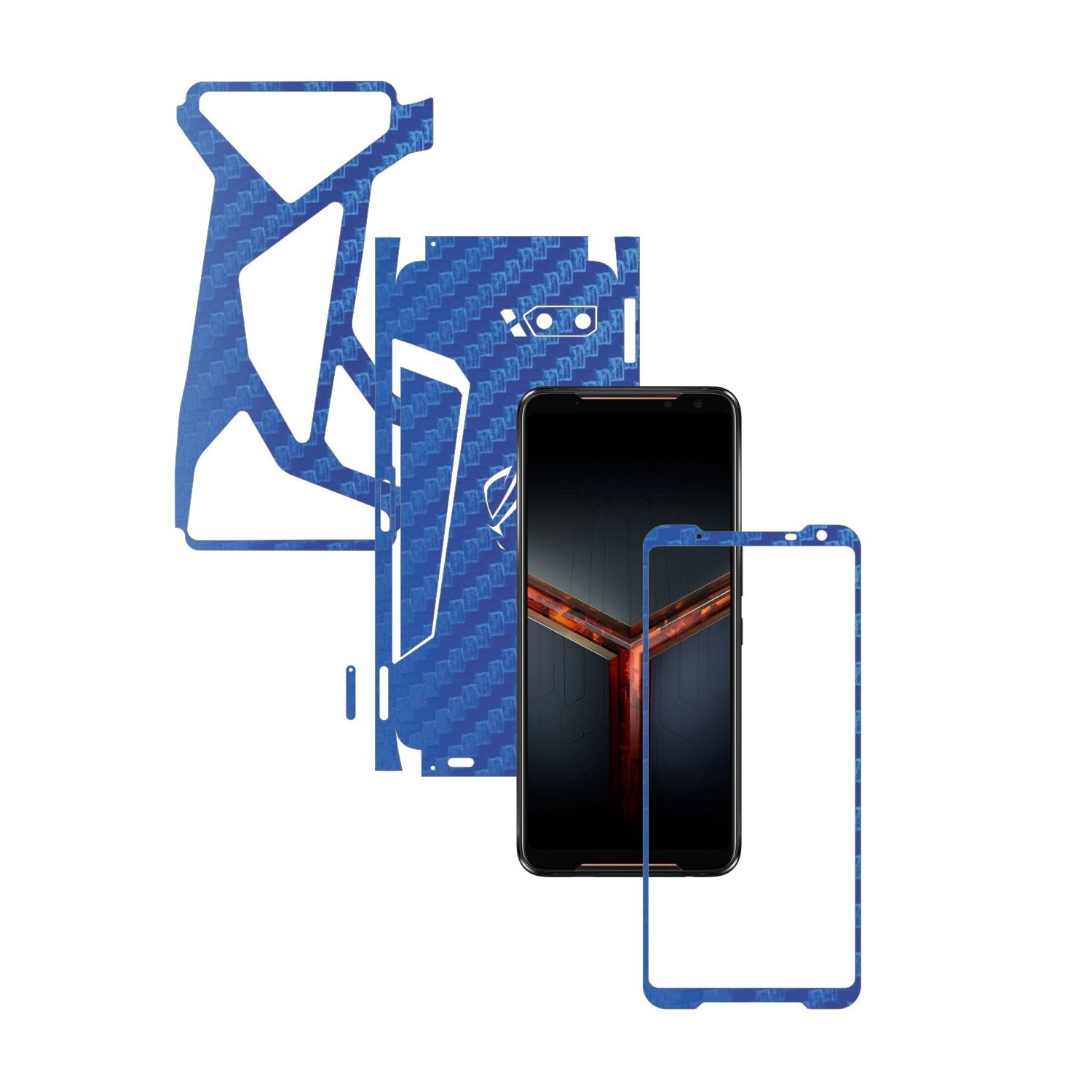 Folie Protectie Carbon Skinz pentru Asus ROG Phone 2 II - Carbon Albastru 360 Cut, Skin Adeziv Full Body Cover pentru Rama Ecran, Carcasa Spate si Laterale