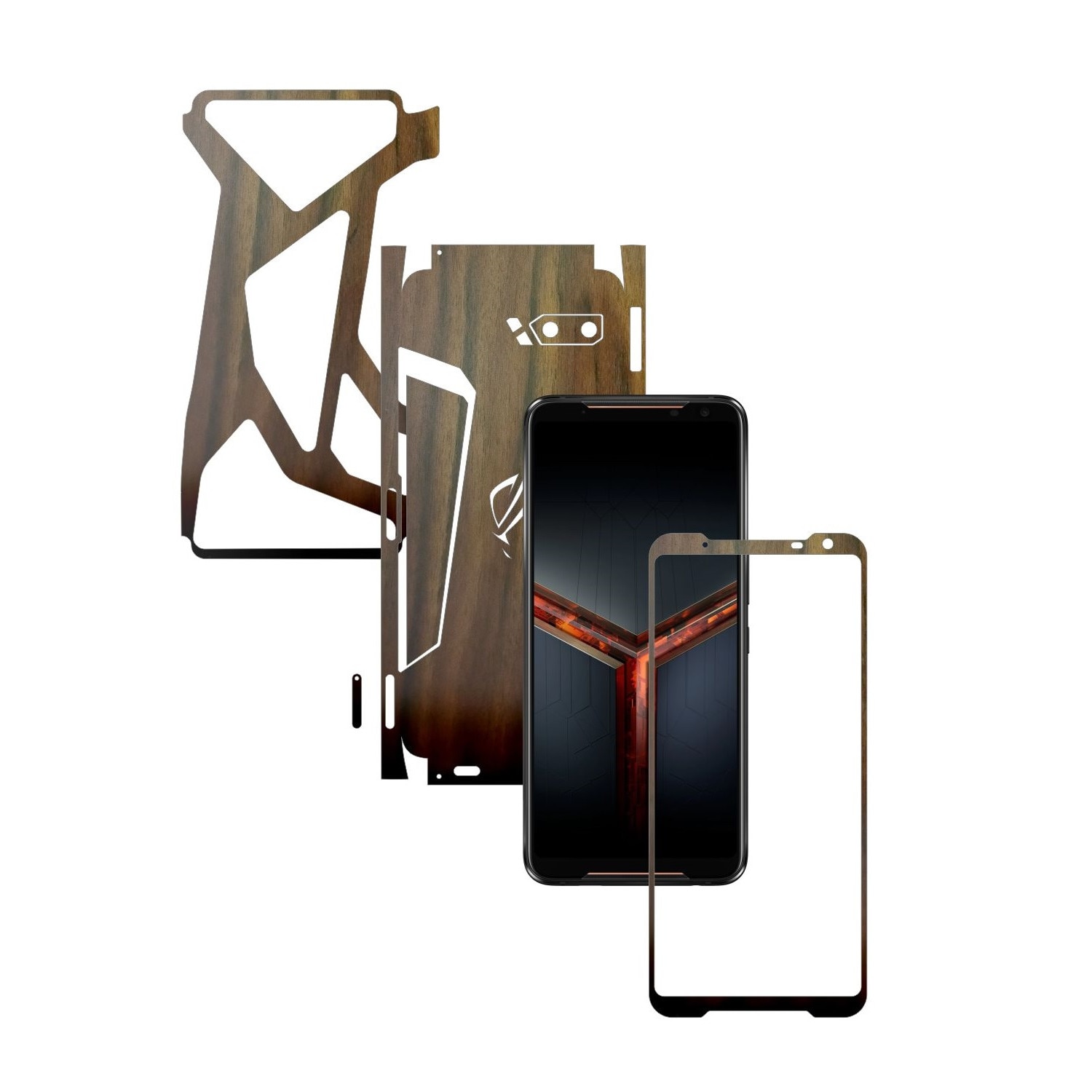 Folie Protectie Carbon Skinz pentru Asus ROG Phone 2 II - Lemn Nuc 360 Cut, Skin Adeziv Full Body Cover pentru Rama Ecran, Carcasa Spate si Laterale