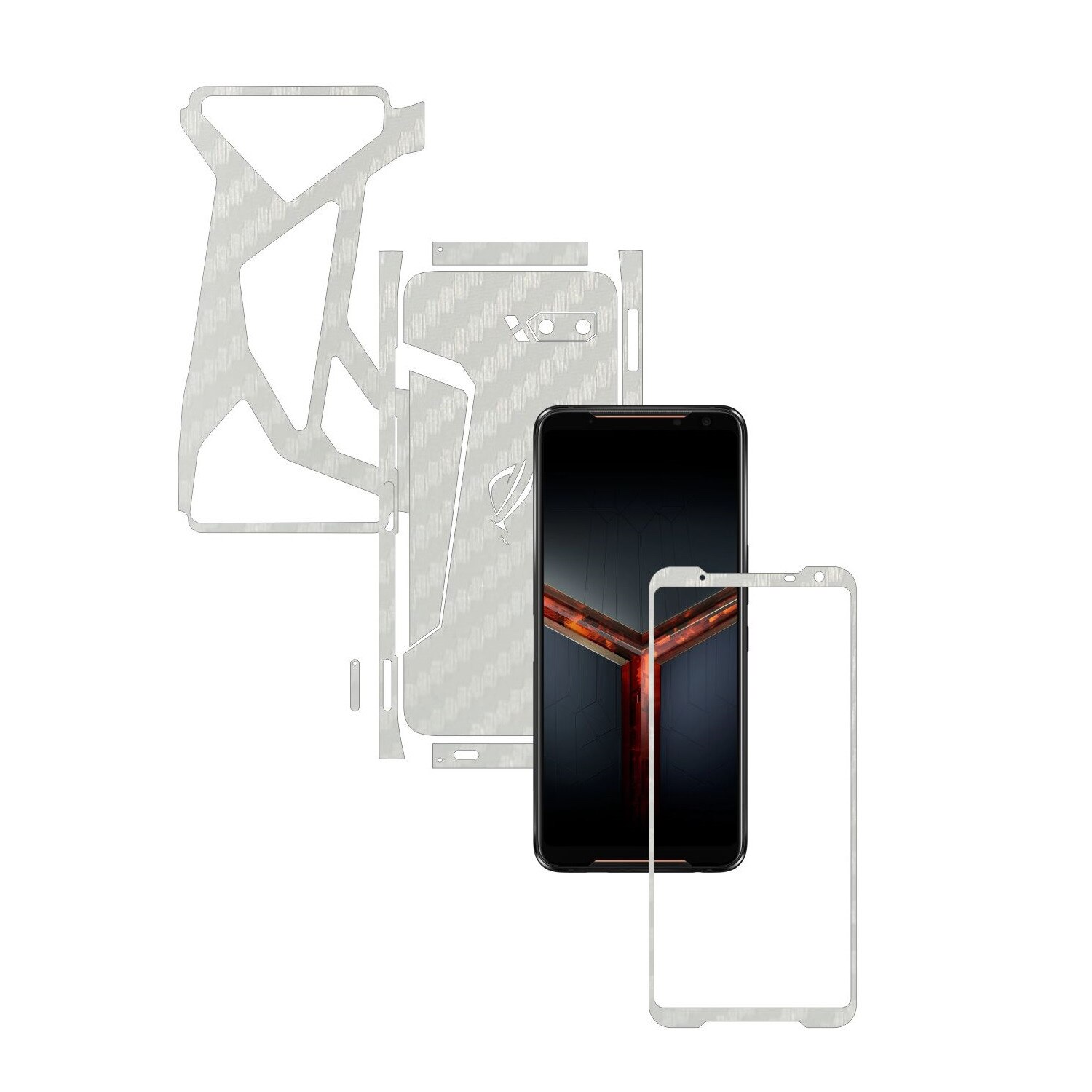 Folie Protectie Carbon Skinz pentru Asus ROG Phone 2 II - Carbon Alb Split Cut, Skin Adeziv Full Body Cover pentru Rama Ecran, Carcasa Spate si Laterale