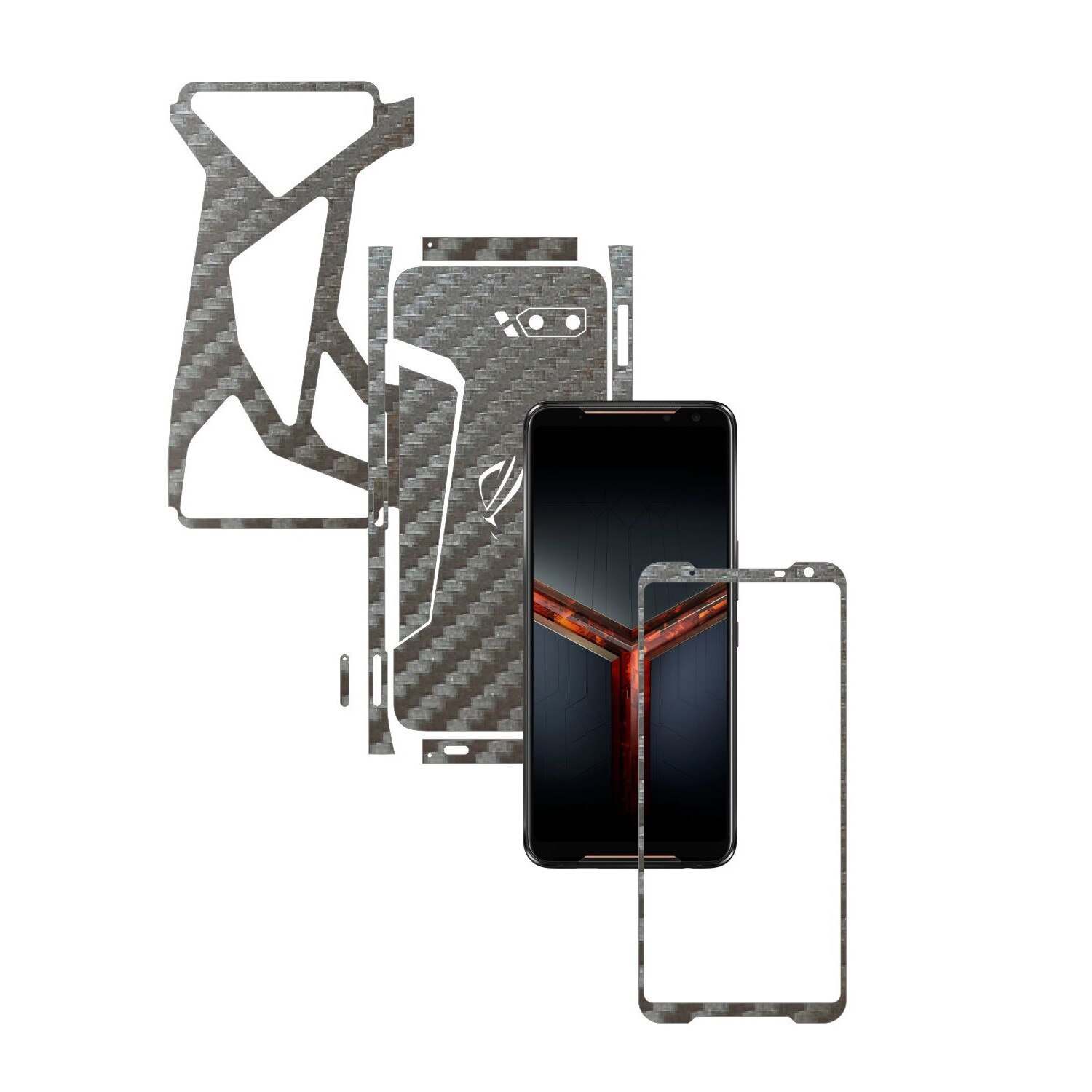 Folie Protectie Carbon Skinz pentru Asus ROG Phone 2 II - Carbon Gri Argintiu Split Cut, Skin Adeziv Full Body Cover pentru Rama Ecran, Carcasa Spate si Laterale