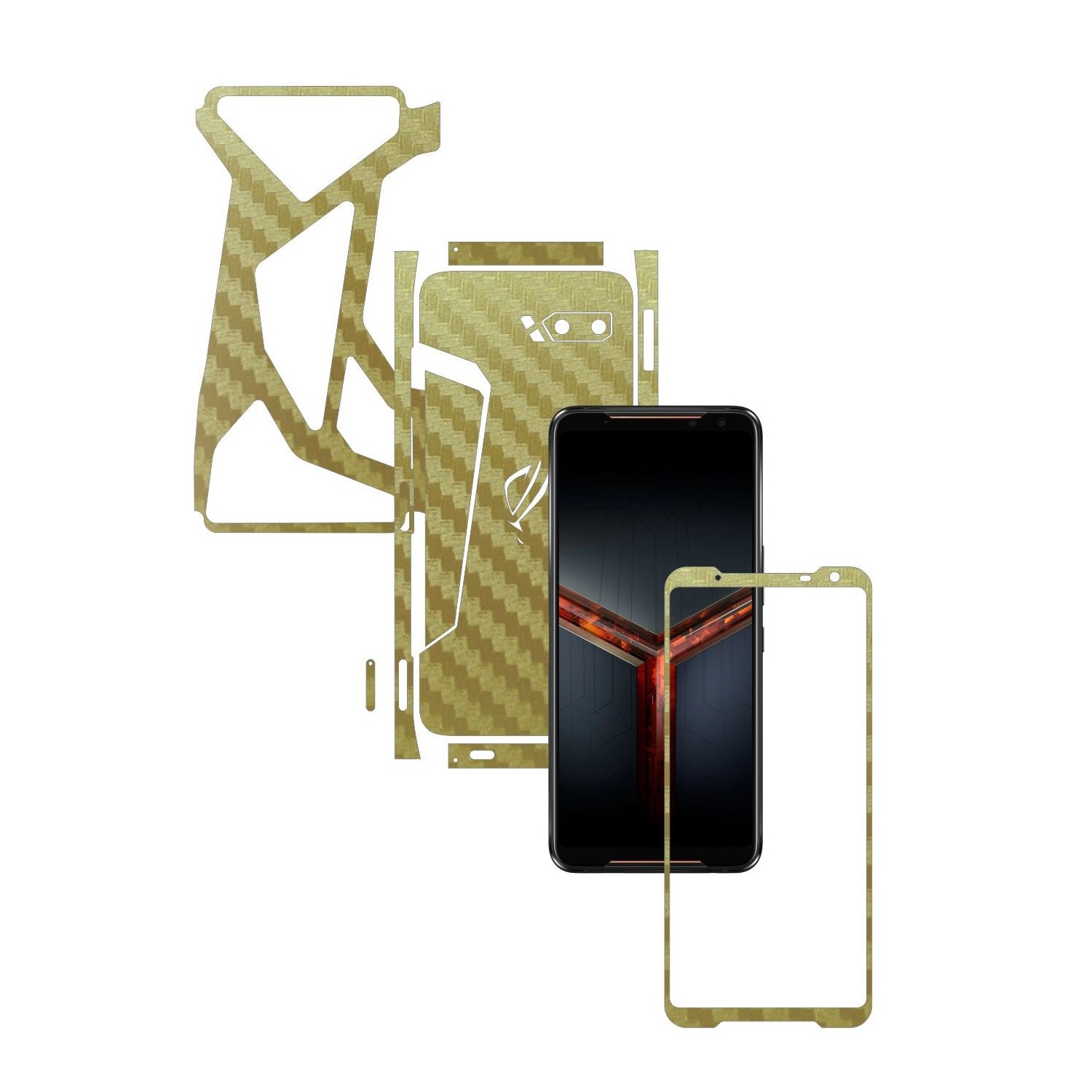 Folie Protectie Carbon Skinz pentru Asus ROG Phone 2 II - Carbon Auriu Split Cut, Skin Adeziv Full Body Cover pentru Rama Ecran, Carcasa Spate si Laterale