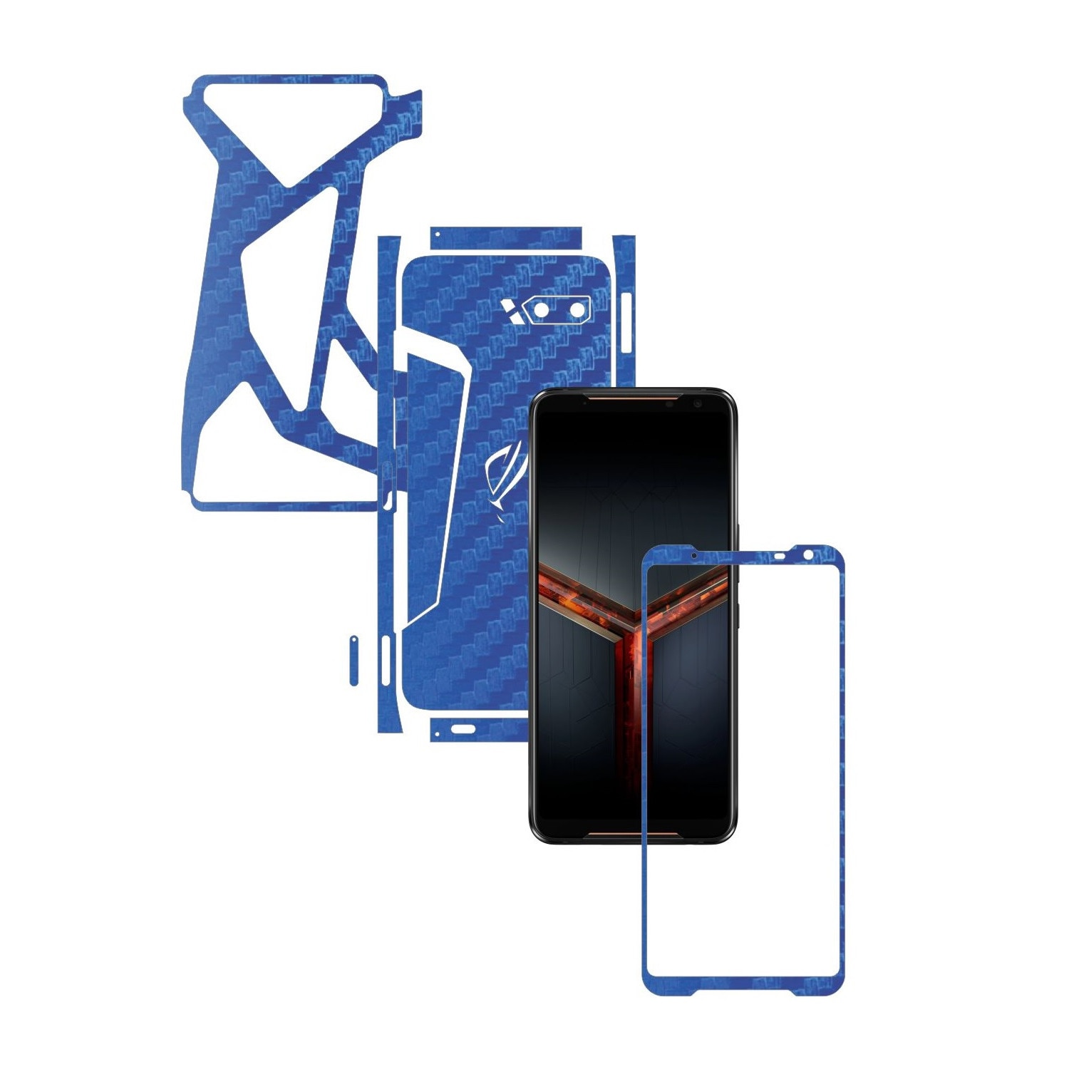 Folie Protectie Carbon Skinz pentru Asus ROG Phone 2 II - Carbon Albastru Split Cut, Skin Adeziv Full Body Cover pentru Rama Ecran, Carcasa Spate si Laterale