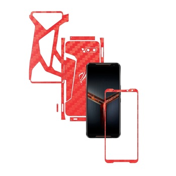 Folie Protectie Carbon Skinz pentru Asus ROG Phone 2 II - Carbon Rosu Split Cut, Skin Adeziv Full Body Cover pentru Rama Ecran, Carcasa Spate si Laterale
