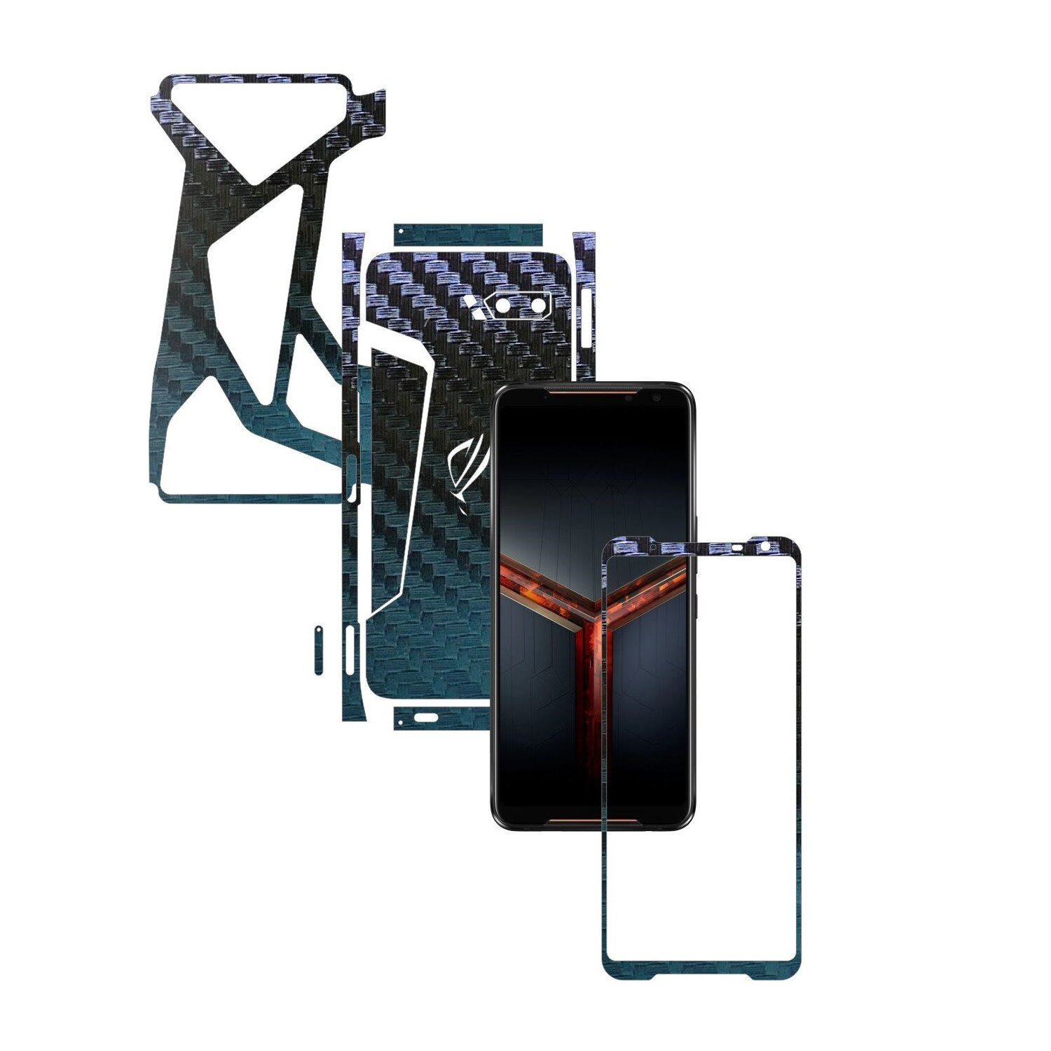 Folie Protectie Carbon Skinz pentru Asus ROG Phone 2 II - Carbon Cameleon Split Cut, Skin Adeziv Full Body Cover pentru Rama Ecran, Carcasa Spate si Laterale