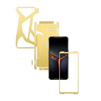 Folie Protectie Carbon Skinz pentru Asus ROG Phone 2 II - Brushed Auriu Split Cut, Skin Adeziv Full Body Cover pentru Rama Ecran, Carcasa Spate si Laterale