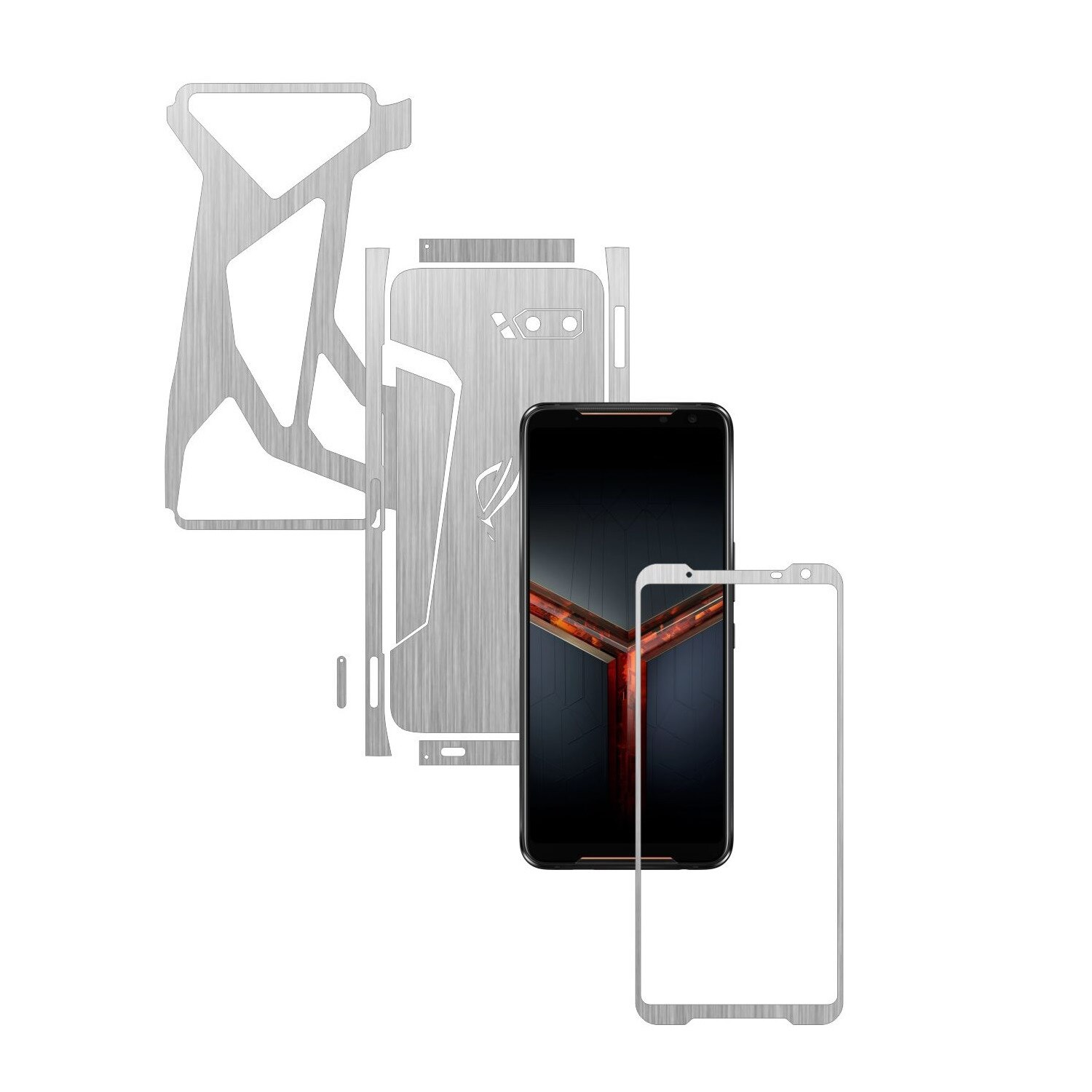 Folie Protectie Carbon Skinz pentru Asus ROG Phone 2 II - Brushed Argintiu Split Cut, Skin Adeziv Full Body Cover pentru Rama Ecran, Carcasa Spate si Laterale