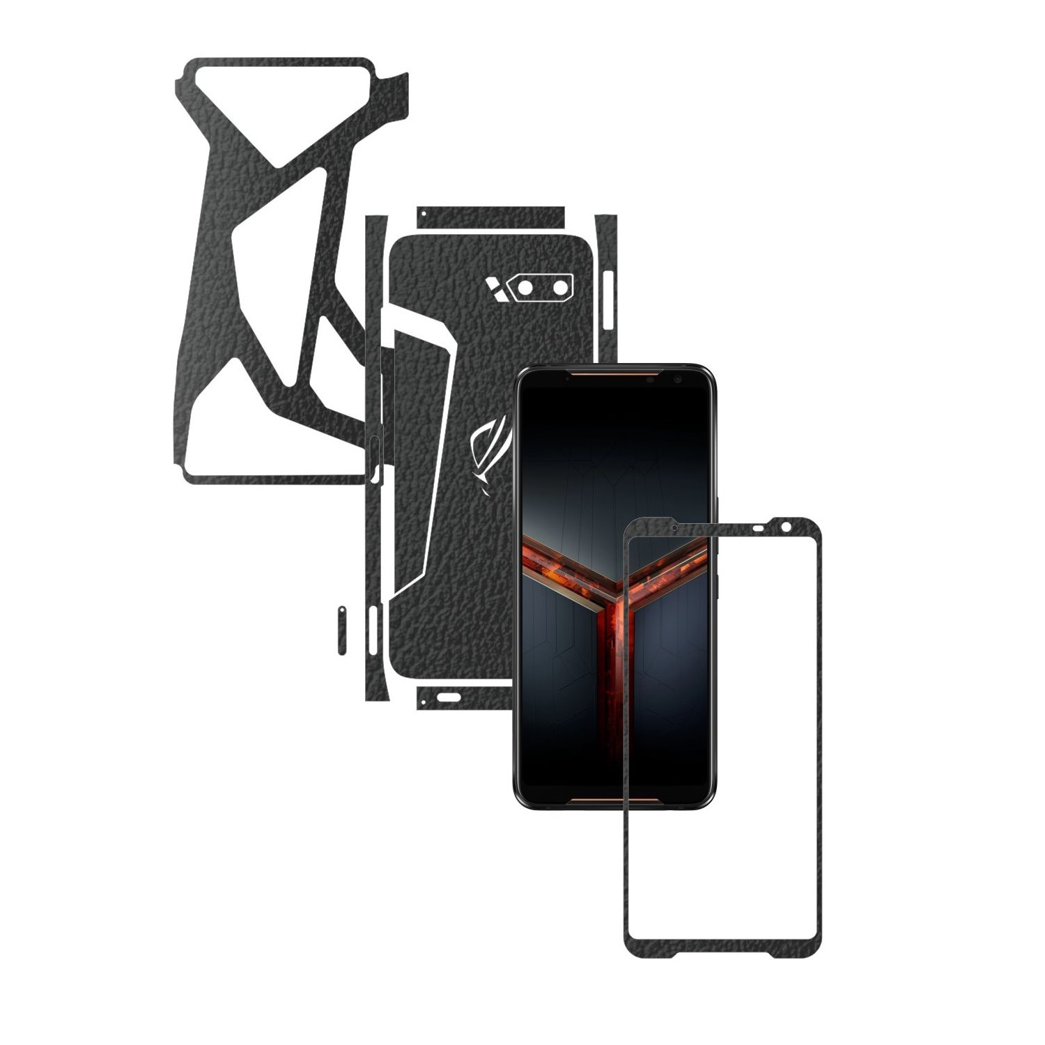 Folie Protectie Carbon Skinz pentru Asus ROG Phone 2 II - Piele Neagra Split Cut, Skin Adeziv Full Body Cover pentru Rama Ecran, Carcasa Spate si Laterale