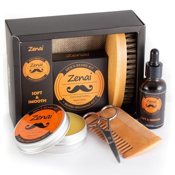 Set ingrijire barba 100% natural 5 piese: perie, pieptan, ulei, balm, foarfeca metal, saculet transport, Zenai Men's Beard Grooming Kit cadou Set ingrijire barba 100% natural 5 piese: perie, pieptan, ulei, balm, foarfeca metal, saculet transport, Zenai Men's Beard Grooming Kit cadou
