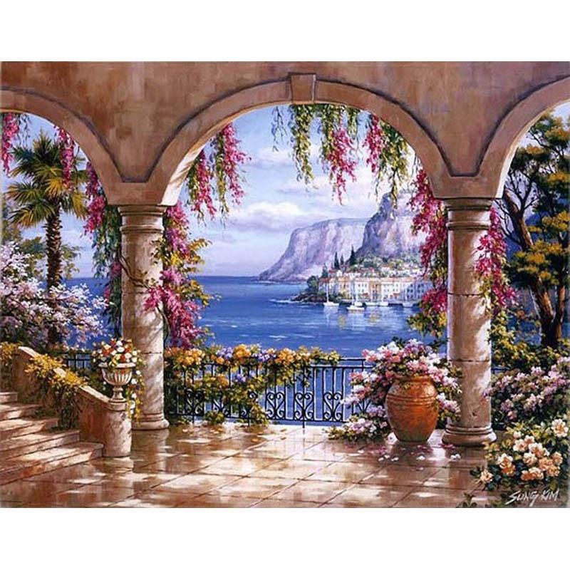Set creativ pictura pe numere - Peisaj mediteraneean, 40x50 cm, cu sasiu