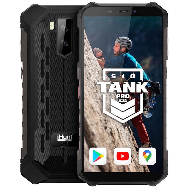 iHunt S10 Tank PRO 2020 Mobiltelefon, Kártyafüggetlen, 32GB+2GB, 5000mAh, 5.5-inch HD+, IP69K/IP68, 8MP DualKamera, 3G, Dual SIM, FaceID, Android 9 Pie, Fekete