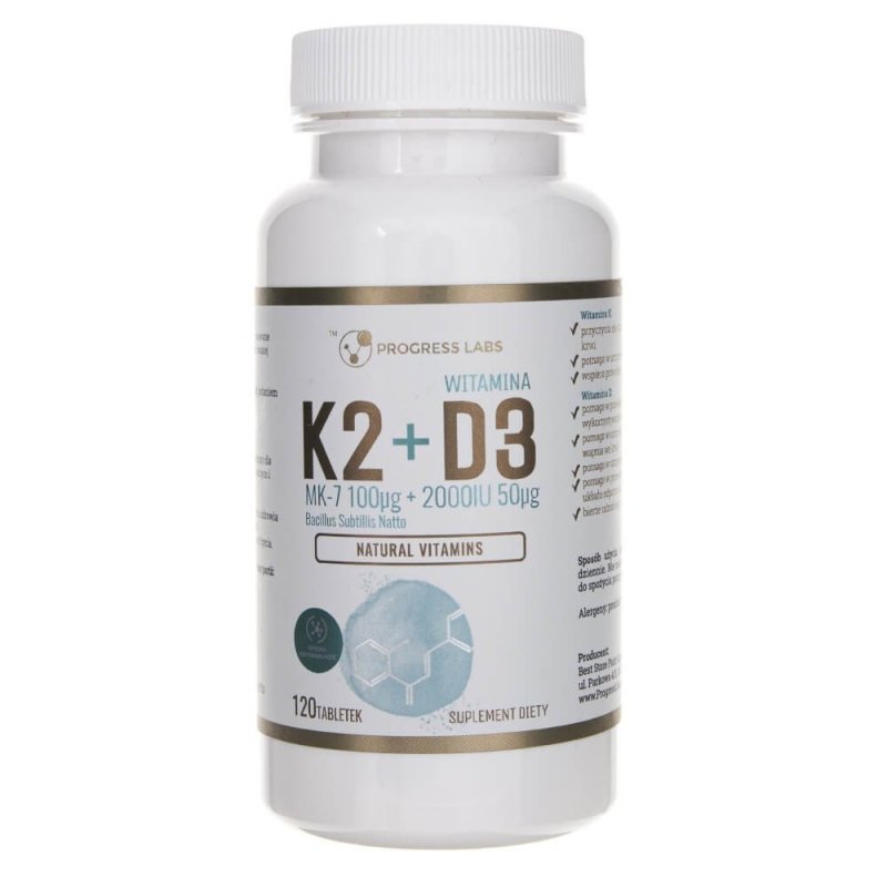 Supliment alimentar Progress Labs Vitamina K2 MK-7 cu Natto 100 mcg + D3 2000 UI 50 mcg - 120 comprimate