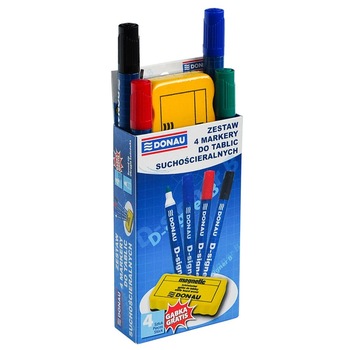 Set 4 Markere Whiteboard + Burete Magnetic DONAU, Varf Rotund, Scriere 2-4 mm, Culori Asortate Set 4 Markere Whiteboard + Burete Magnetic DONAU, Varf Rotund, Scriere 2-4 mm, Culori Asortate
