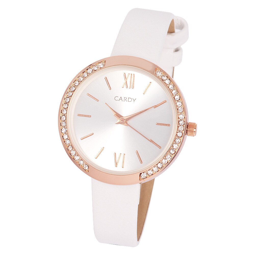 Ceas dama CARDY, mecanism quartz, carcasa culoare rosegold, curea alba, cadran argintiu, 32 mm