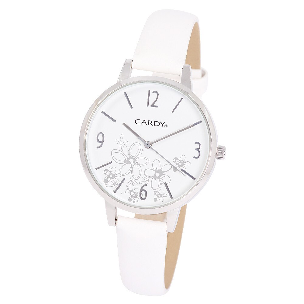 Ceas de dama Cardy, carcasa argintie, curea alba, cadran alb, 38 mm