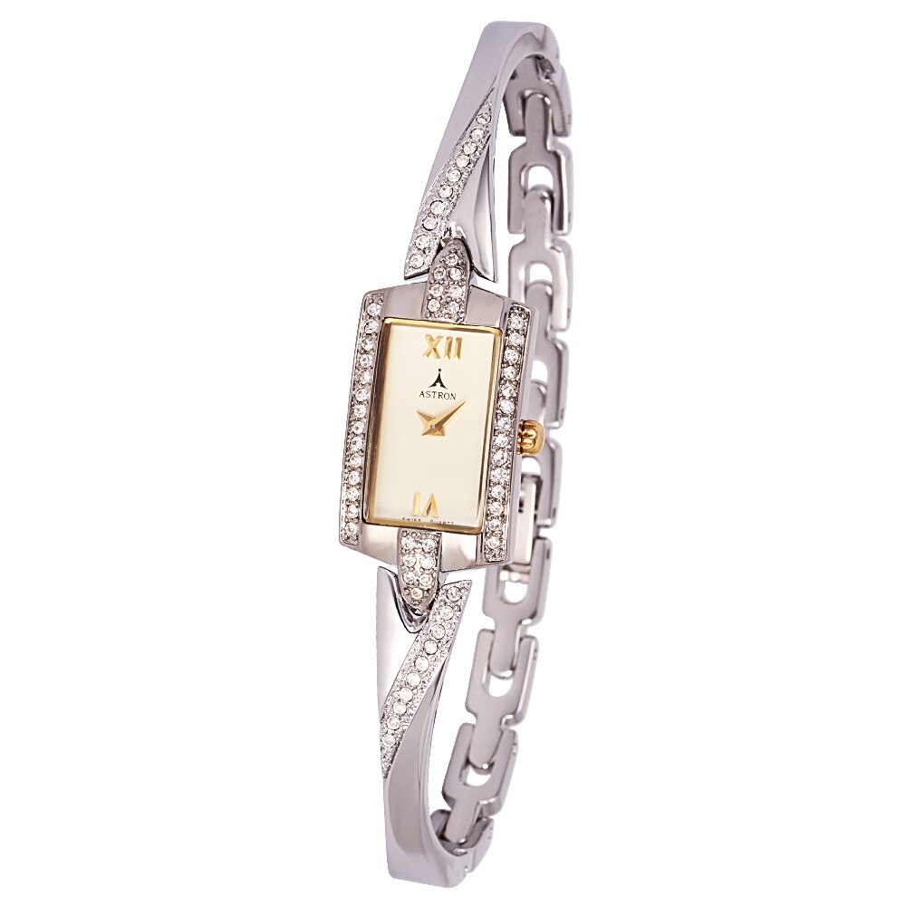 Ceas colier de dama ASTRON, mecanism quartz, bratara bicolor, carcasa argintie, cadran galben deschis, 32x14 mm