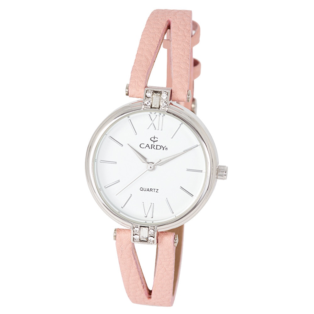 Ceas dama CARDY, mecanism quartz, carcasa argintie, curea roz, cadran alb, 32 mm