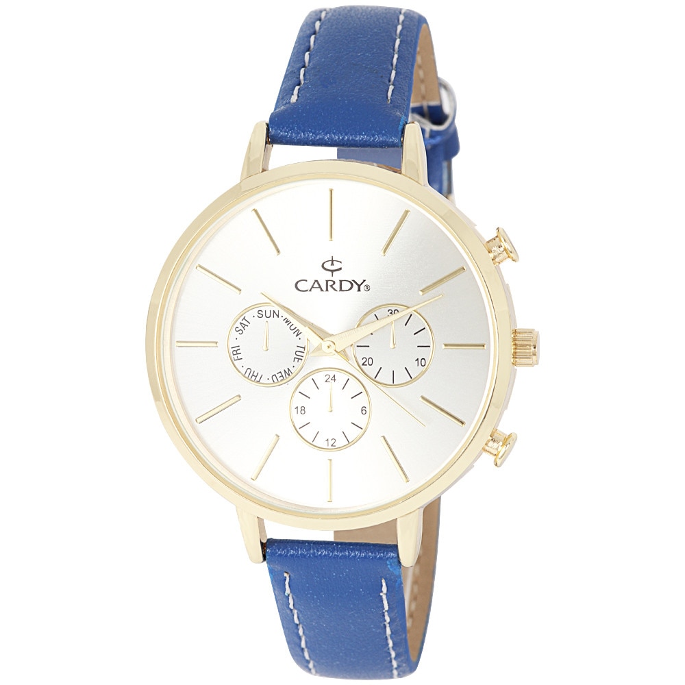 Ceas dama CARDY, mecanism quartz, carcasa aurie, curea albastra, cadran galben, 38 mm