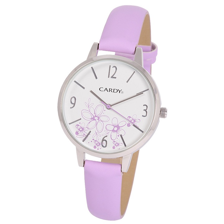 Ceas de dama Cardy, carcasa argintie, curea mov, cadran alb, 38 mm
