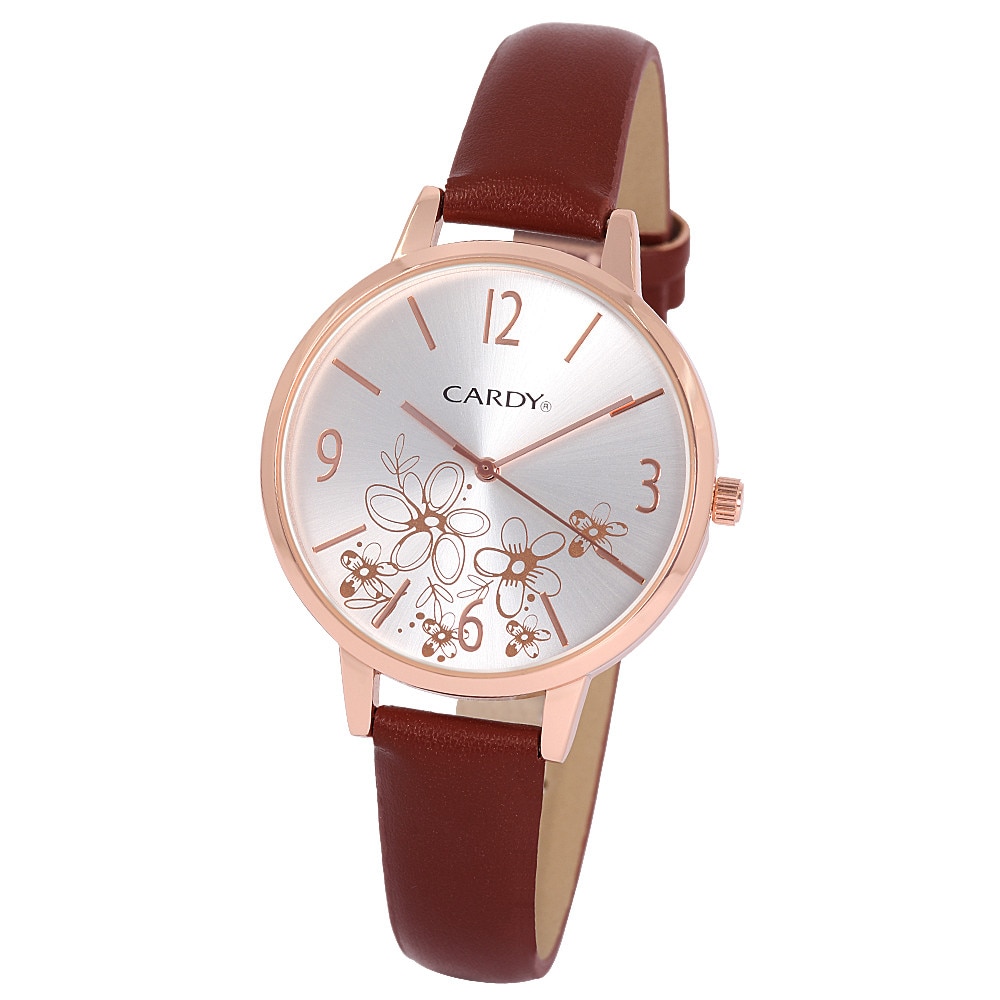 Ceas de dama Cardy, culoare rosegold, curea maro, cadran alb, 38 mm