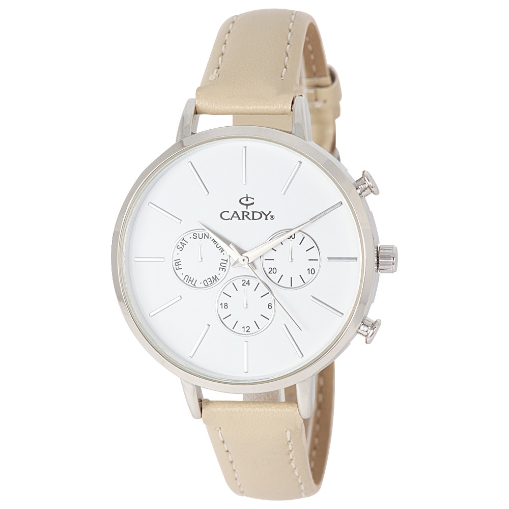 Ceas dama CARDY, mecanism quartz, carcasa argintie, curea bej, cadran alb, 38 mm