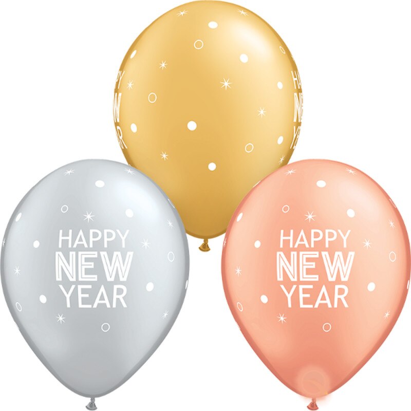 Set 10 Baloane Latex 11''/28 cm- Happy New Year, Qualatex 97326