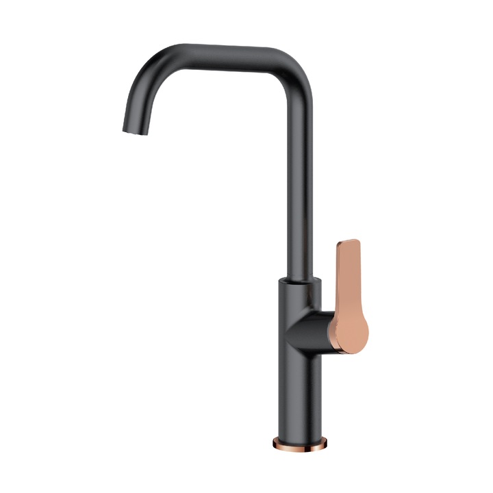 Смесител за кухненска мивка Aurora, AXYS, месинг, керамичен патрон, едноръкохватков, черен / златист, 360 въртящ се кран, 41.9x20 см