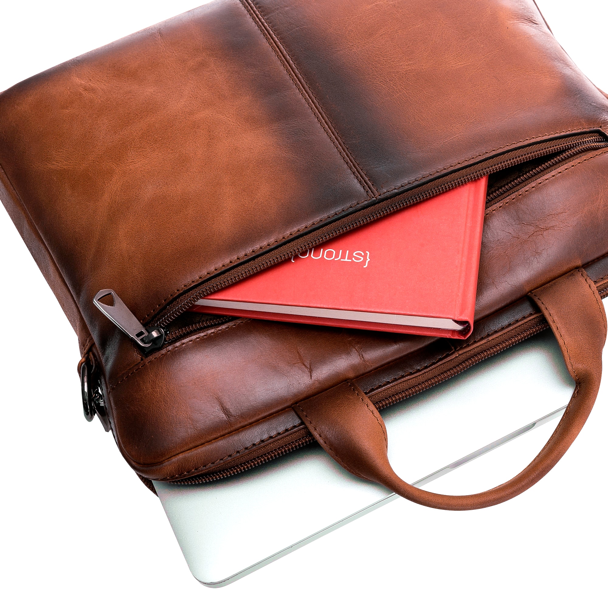 Geanta dimensiuni pana la 16 inch, MacBook Pro 16, MacBook Pro 15, iPad Pro 12.9 - Bouletta Apollo, piele moale naturala premium, cu manere si bareta de umar, Maro Burnished tan