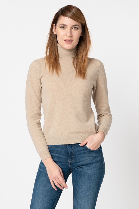United Colors of Benetton, Pulover de lana virgina cu guler inalt, Maro deschis melange