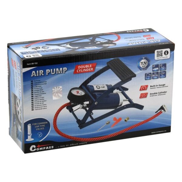 Pompa de picior COMPASS, Manometru, 2 pistoane, Negru