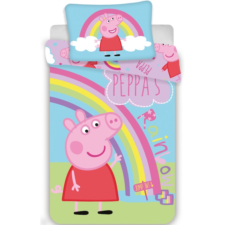 Lenjerie de pat copii Jerry Fabrics, Peppa Pig si curcubeu, 2 piese, bumbac, 1 persoana, multicolora, 100x135 cm