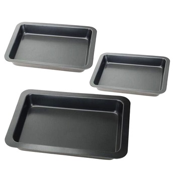 Set 3 tavi pentru copt, NAGO, din otel carbon, 3 piese dreptunghiulare, 42, 37 si 33 cm, Negru Set 3 tavi pentru copt, NAGO, din otel carbon, 3 piese dreptunghiulare, 42, 37 si 33 cm, Negru