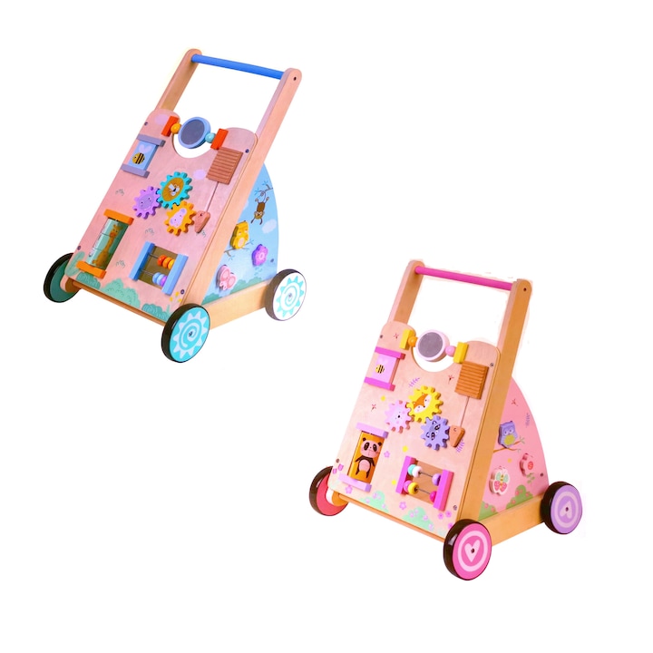 Wooden Walker kék - rózsaszín 35 x 54 x 35 cm tologatós fa járássegítő, baba foglalkoztató, tanító oktató játék