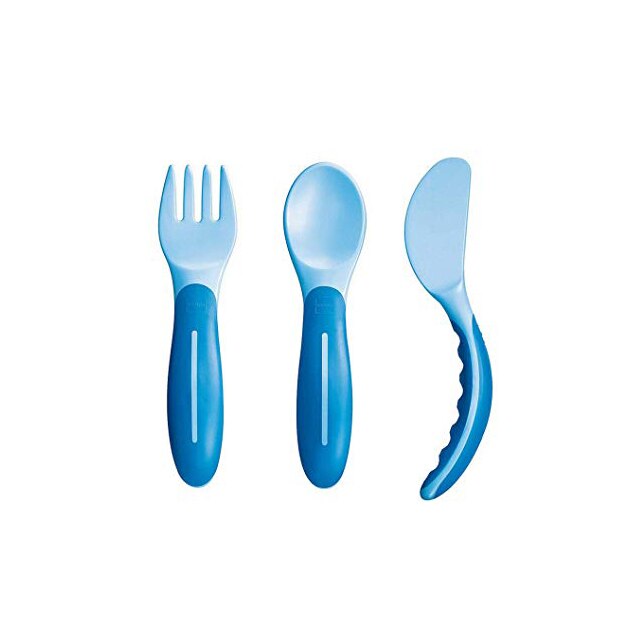 Set 3 piese lingura, furculita si cutit pentru bebelusi 6+ luni MAM 666919, Albastru