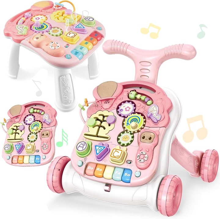 Antemergator Multifunctional 2in1, cu Centru de Activitati si Joaca, Masuta Educativa, Telecomanda Detasabila cu 15 Melodii, Panou pentru Invatarea Numerelor si Formelor, Lumini si Sunete, "Musical Walker", Roz