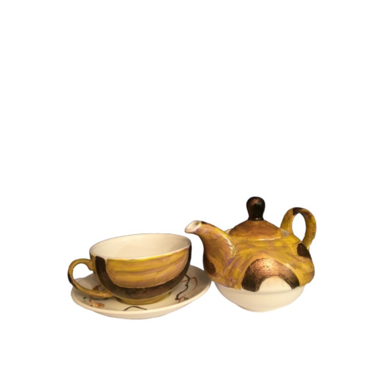 Set 3 piese ceai, din portelan, pictate manual, oliv