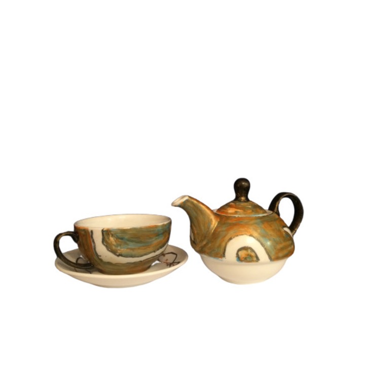 Set 3 piese ceai, din portelan, pictate manual,auriu