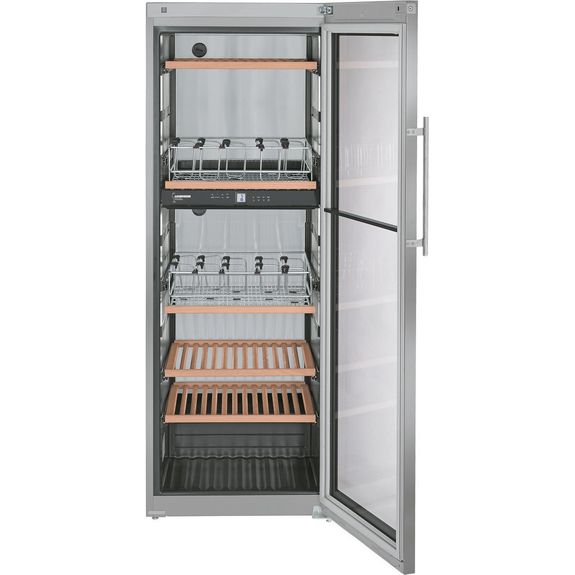 Vitrina pentru vinuri Liebherr WTpes 5972, 516 l, 155 sticle, Clasa G, Rafturi lemn, Control electronic, Display, H 192 cm, Inox