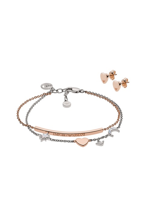 Emporio Armani, Set de bratara cu sirag dublu si cercei cu tija, Auriu rose/ Argintiu