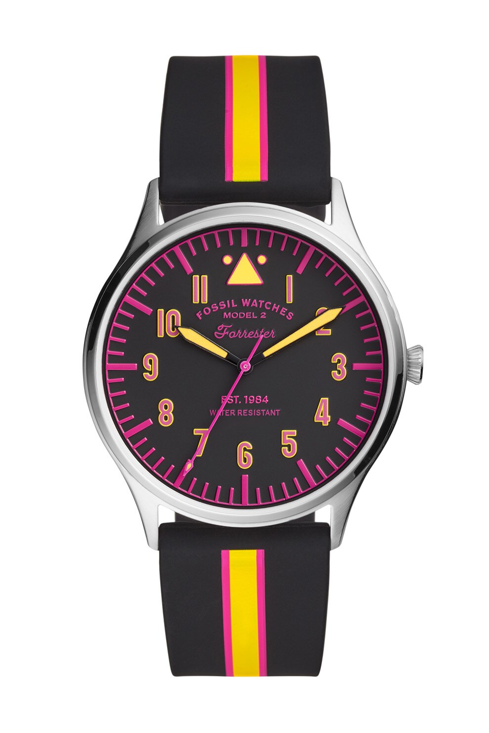 Fossil, Ceas analog cu o curea din silicon, Negru/galben/roz