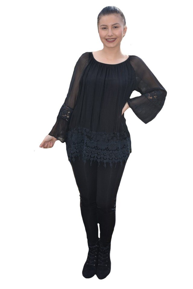 Bluza rafinata cu broderie si insertii de dantela, croi lejer, D&J Exclussive, Negru