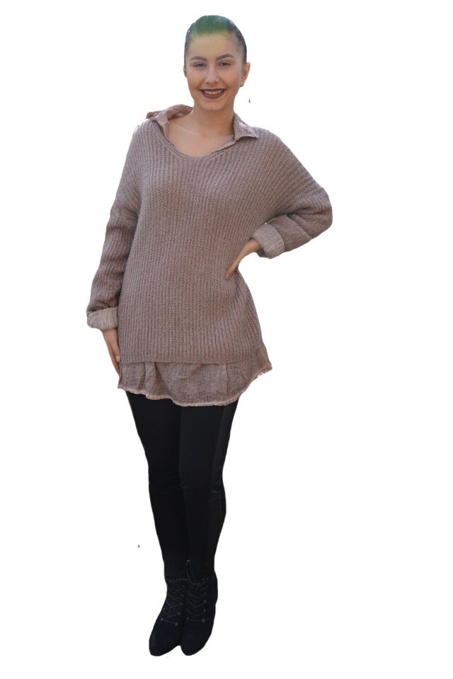 Bluza casual din tricot cu guler,din doua piese,D&J Exclussive,plamaniu,58/60 EU, Plamaniu