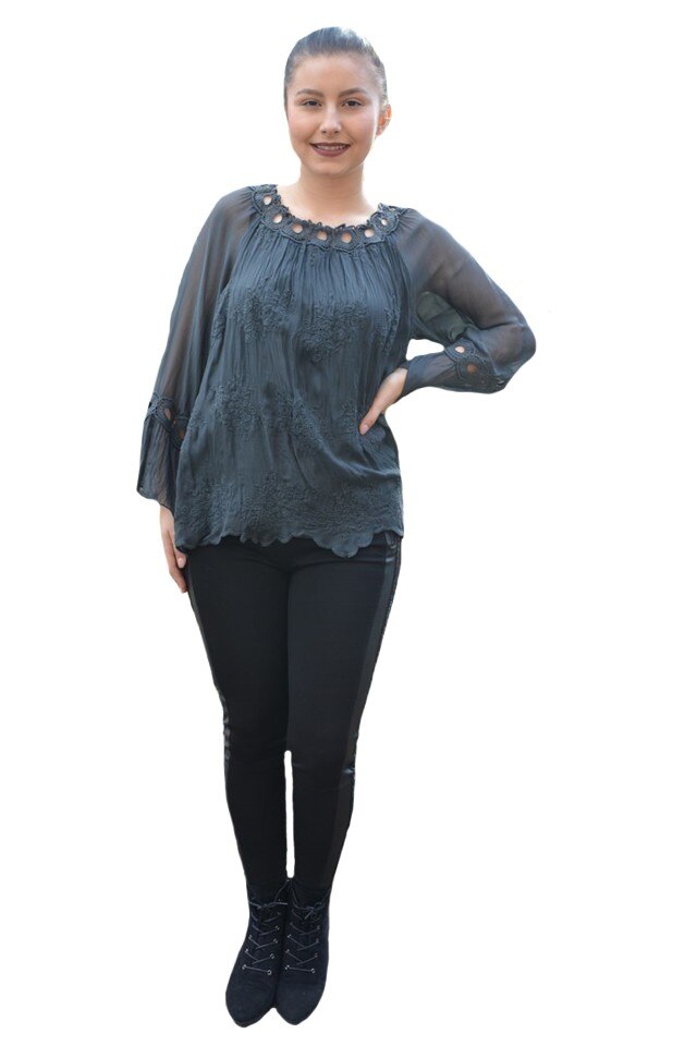 Bluza cu insertii de broderie si dantela,decolteu in V, D&J Exclussive, Gri inchis