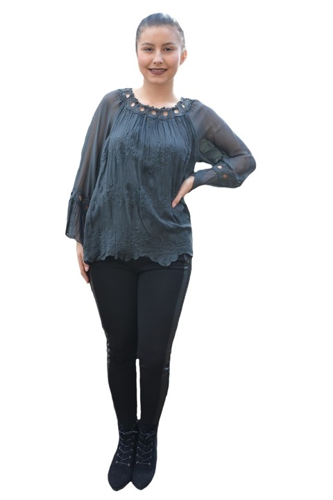 Bluza eleganta cu insertii de broderie florala,D&J Exclussive,gri inchis,52/54 EU